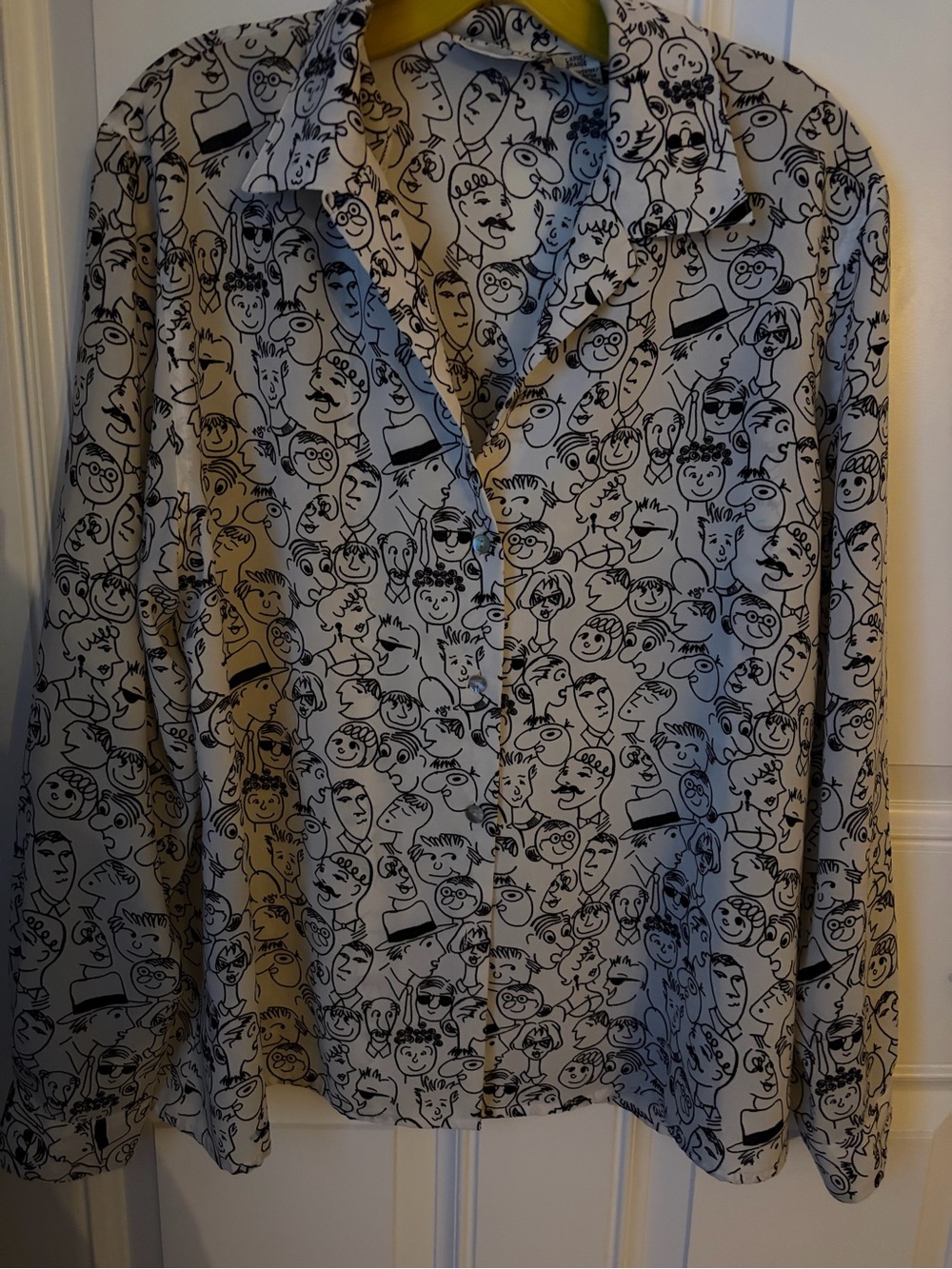 Women's White Button-Down Shirt with Black Face Sketch Print